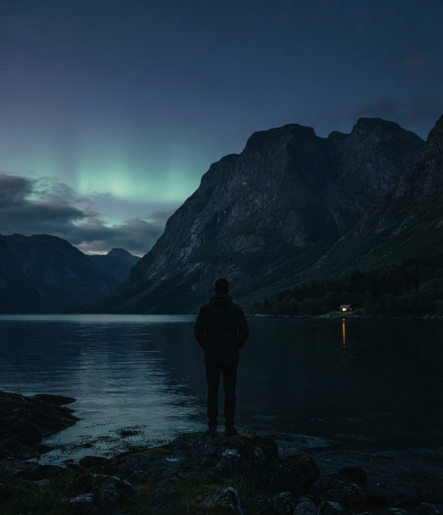 A silhouetted figure standing beside a fjord at dusk, aurora borealis in the sky